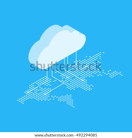 Isometric vector illustration showing the concept of cloud computing. From the cloud in the world map.