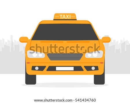 Yellow taxi car in front of city silhouette, vector illustration in simple flat design.