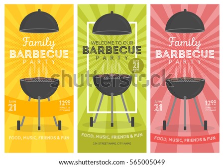 Lovely vector barbecue party invitation design template set. Trendy BBQ cookout poster design with classic charcoal grill, fork, cooking paddle and sample text.