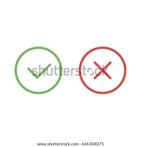 Check mark green and red line icons. Vector illustration.