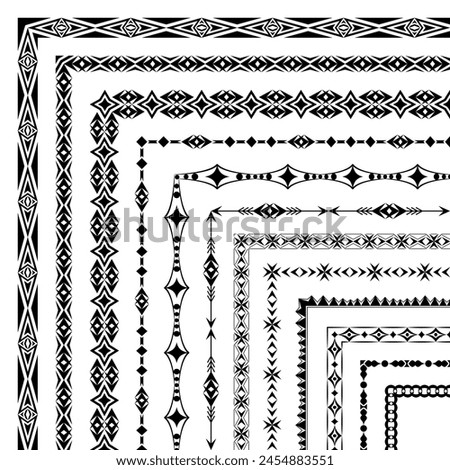 Vector set of corner brushes with elegant geometric patterns. Group of border designs for certificates, friezes, frame, card, invitation, printing on textile, paper. Brushes are included in the file