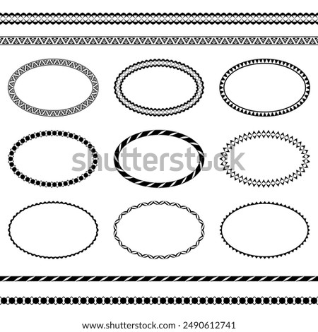 Collection of vector oval frames with geometric pattern, four seamless brushes. Set of black ellipses isolated on a white background. Template for printing on paper, textiles. Brushes included in file