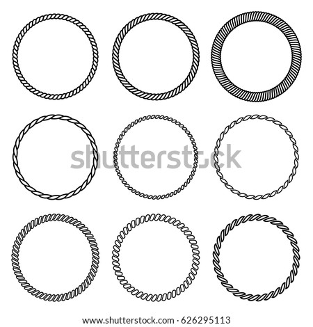 Vector set of round rope frame. Collection of thick and thin circles isolated on the white background consisting of braided cord and string. For decoration and design in nautical style.