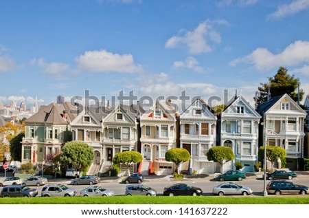 SAN FRANCISCO, USA - NOVEMBER 1, 2012: Painted Ladies in San Francisco on November 1st, 2012. It is the row of Victorian houses across Alamo Square park. The houses were built between 1892 and 1896.