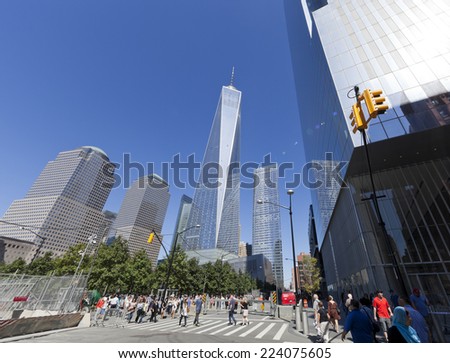 NEW YORK - SEPTEMBER 27, 2014: World Trade Center 1 and 4  in September 11 Memorial Park on Sept 27, 2014.
