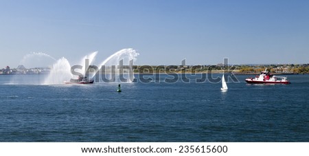 NEW YORK, USA, SEPT 27: The New York City Fire Department Boat practices maneuvers  in the Hudson River off New York City on September 27, 2014