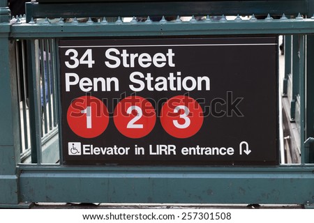 NEW YORK, USA-OCTOBER 7, 2014:Subway entrance in Lower Manhattan at Pennsylvania Station. In 2013, the New York subway delivered over 1.71 billion rides.