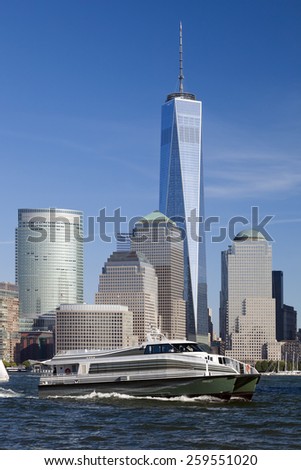 NEW YORK, USA - OCTOBER 3, 2014: Freedom Tower in Lower Manhattan. One World Trade Center is the tallest building in the Western Hemisphere and the third-tallest building in the world.
