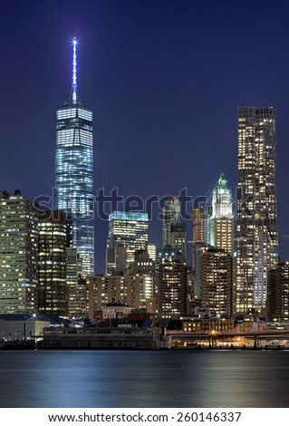 NEW YORK, USA - OCTOBER 7, 2014: Freedom Tower in Lower Manhattan. One World Trade Center is the tallest building in the Western Hemisphere and the third-tallest building in the world.