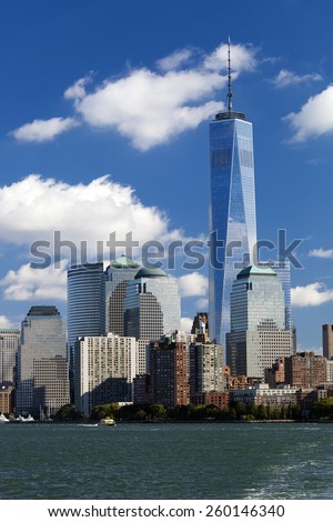 NEW YORK, USA - OCTOBER 8, 2014: Freedom Tower in Lower Manhattan. One World Trade Center is the tallest building in the Western Hemisphere and the third-tallest building in the world.