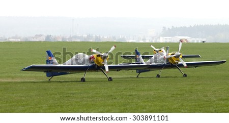 PLASY, CZECH REPUBLIC-APRIL 27, 2013: Flying Bulls Aerobatics Team on the Airshow \