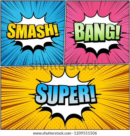 Comic book page bright composition with white speech bubbles Smash Bang Super wordings rays halftone effects. Vector illustration