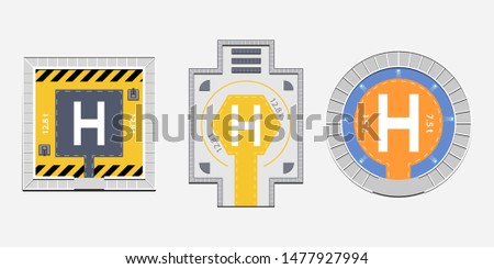 Flat helipads top view collection with heli pads of square circle and hexagon shapes on gray background. Isolated vector illustration