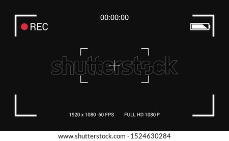 Camera viewfinder frame template with battery time record and video resolution indicators on black background. Vector illustration