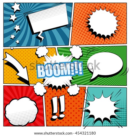 Comic book background. Vector illustration with speech bubbles, arrow, stars, blots, sound and halftone effects, funny radial and dotted backgrounds. Pop-art style. Foto d'archivio © 