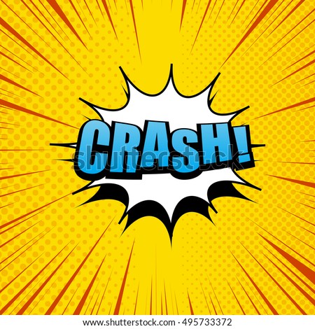 Crash comic cartoon in yellow colors with white cloud, halftone effects and rays. Explosion template. Pop-art style. Vector illustration