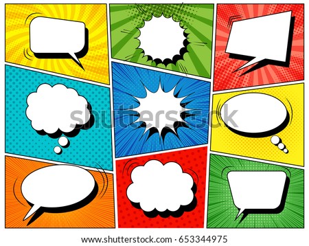 Colorful comic book background with blank white speech bubbles of different shapes in pop-art style. Rays, radial, halftone, dotted effects. Vector illustration