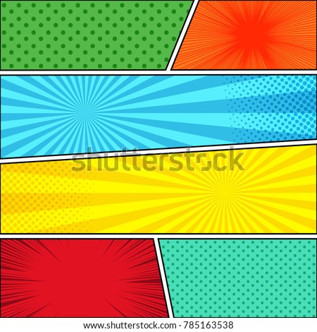 Comic book page background with explosive and humor effects in different bright colors. Vector illustration Foto d'archivio © 