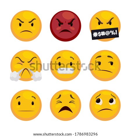 
Beware with this set of emojis with bad feelings and bad temper: angry, furious, cursing and swearing, anger with steam clouds, grimacing, disinterested, serious, weary and face with rolling eyes.