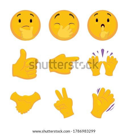 Emoji set with thinking face, other with hand over mouth, another with silence gesture and hand gestures like thumb up, pointing at right, celebrating, handshake, victory gesture and waving sign.
