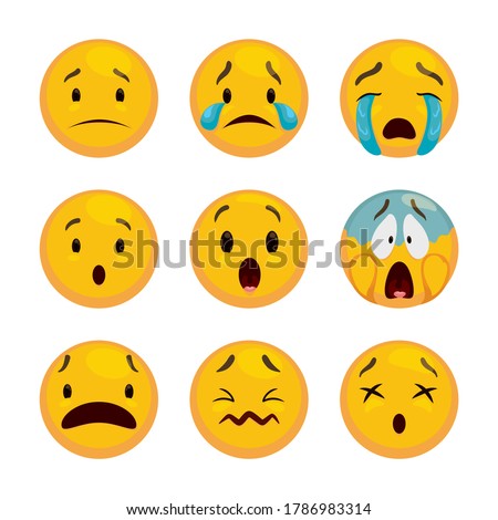 Expressive set of emoticons: sad, crying a little and  like a waterfall, surprised, scared, confounded and dizzy or dead emoji faces!