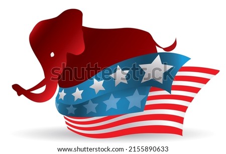 Red silhouette of elephant and conceptual American flag, with vibrant colors.