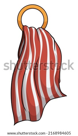 Striped, waving towel hanging in a golden bath ring over white background.