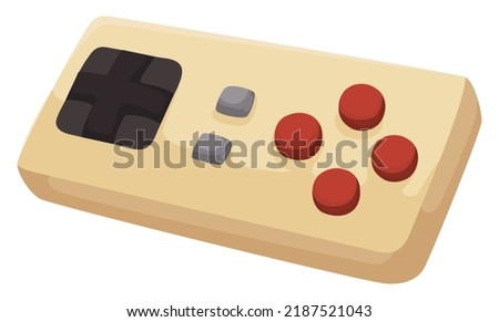 Classic and yellow video game controller, with buttons and Dpad over white background.