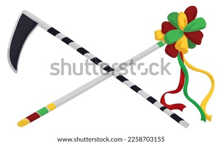 Black scythe crossed with colorful Garabato wand with ribbons to celebrate Barranquilla's Carnival dance.