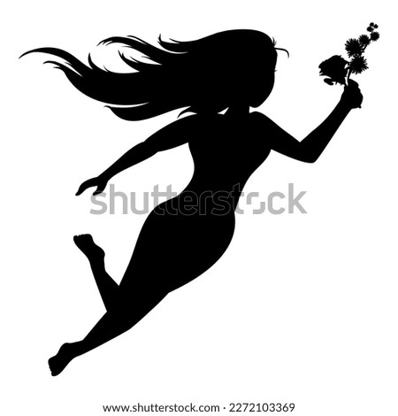 Silhouette of long-haired woman holding rose and mimosa flowers while float over white background.