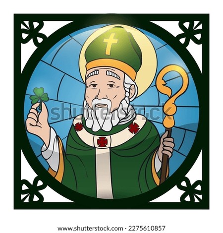 Green squared frame with clovers and round button with portrait of Saint Patrick holding a shamrock and a crosier. Design in in stained glass style.