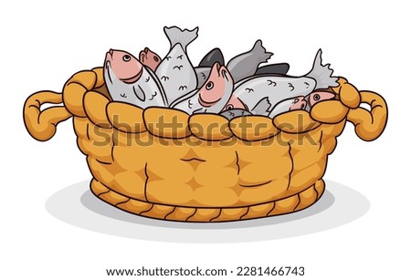 Traditional natural fiber basket with handles, filled with fish, to commemorate the biblical miracle of feeding the multitude. Cartoon style design.