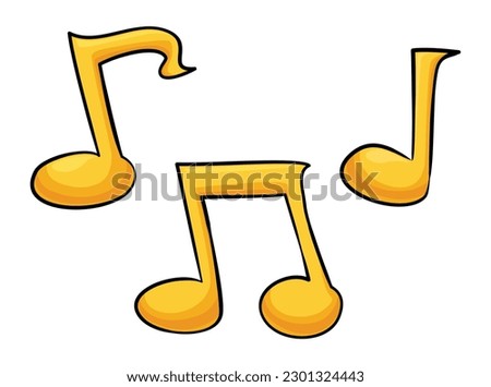 Three golden musical symbols in cartoon style: eighth note, beamed eighth note and quarter note.