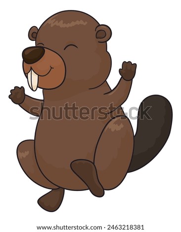 Festive and happy beaver celebrating with hands high in cartoon style and white background.