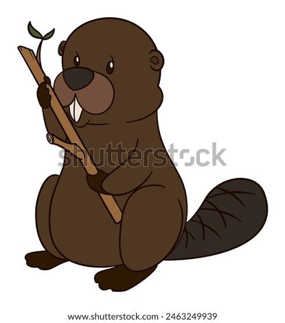 Cute beaver standing and holding a branch with leaves. Design in cartoon style and white background.