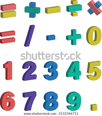 Set of 3D Cartoon Math Numbers equal plus multiply divided vector objects