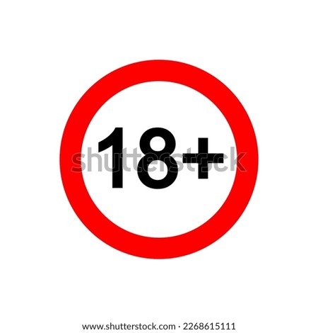 Eighteen plus icon. Number 18 in red circle isolated on white background. Age censor sign. Movie viewing or website visiting age limit label. Adult only concept. Vector illustration