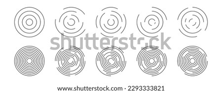 Set of circular ripple icons. Concentric circles with broken lines isolated on white background. Vortex, sonar wave, soundwave, sunburst, signal signs. Vector graphic illustration