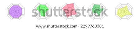 Set of octagon radar chart or spider graph templates isolated on white background. Method of comparing items on different characteristics. Vector graphic illustration.