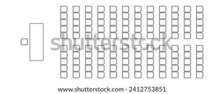 Layout of seats in meeting, conference, auditorium, training, seminar. Schematic graphic desk and armchairs icons, furniture symbols. Architectural seating plan top view. Vector outline illustration