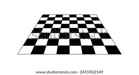 Empty chess board in perspective. Tiled floor angled point of view. Sloped checkerboard texture. Inclined board with black and white checkere pattern isolated on white background. Vector illustration.