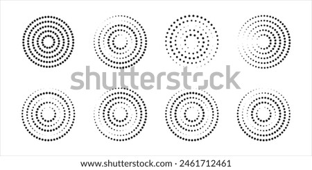 Concentric circles with broken dotted lines isolated on white background. Circular ripple icons. Whirlpool, sonar wave, soundwave, sunburst, signal signs. Vector graphic illustration.