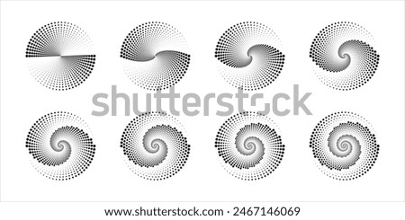 Concentric circles with swirled dotted lines isolated on white background. Circular ripple icons. Whirlpool, tornado, sonar wave, soundwave or signal signs. Vector graphic illustration.