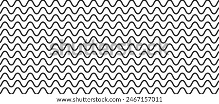 Horizontal parallel wavy lines. Black and white undulate stripes pattern. River, sea or ocean surface. Wiggly texture. Minimalistic graphic print. Vector illustration.