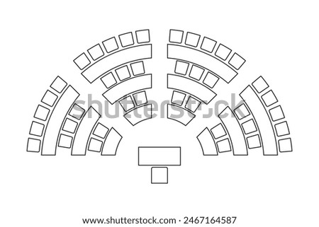 Auditorium seatings plan top view, semicircle arrangment. Schema of seats in classroom, lectorium or meeting, conference, training or seminar event. Desks and chairs icons. Vector graphic illustration