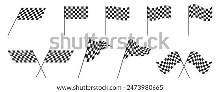 Set of race flags with chequered black and white print. Start or finish symbols on sport car competitions. Rally or motocross props. Victory, trophy or success signs. Vector graphic illustration.