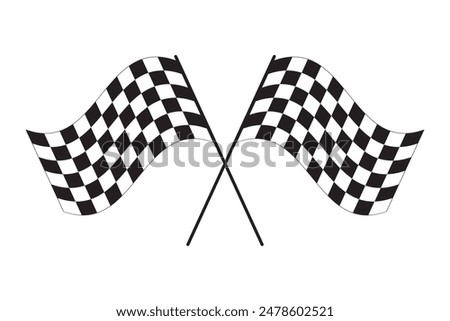 Crossed wavy race flags. Start or finish sport car competition banners with checkered black and white squares pattern. Motocross, rally, auto marathon championship pennants. Vector flat illustration.