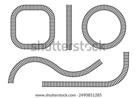 Set of railroad segments. Rail road elements top aerial view. Train track straight and waved lines, circle and square frames. Fence or stairs texture. Vector graphic illustration.