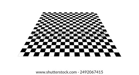 Empty chess board plane in perspective. Tilted mosaic floor. Angled checkerboard texture. Inclined board with black and white squares pattern isolated on white background. Vector flat illustration.