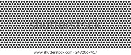 Black circular dots on white background. Mosaic holey print. Perforated metal texture. Peg board, radiator or speaker grill surface with repeated round holes. Vector graphic illustration.